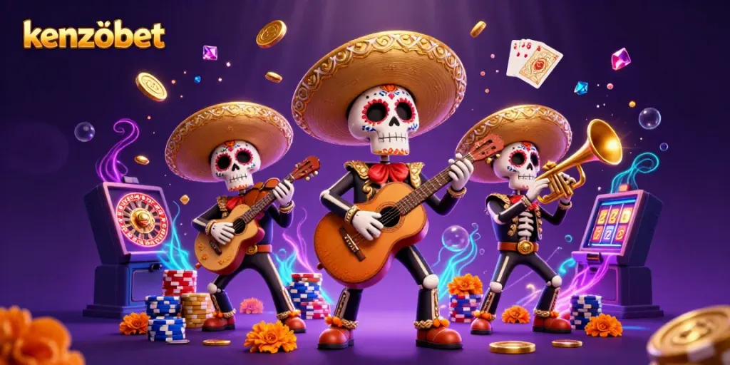 Experience vibrant KENZOBET with a colorful mariachi band surrounded by casino elements and golden prizes.