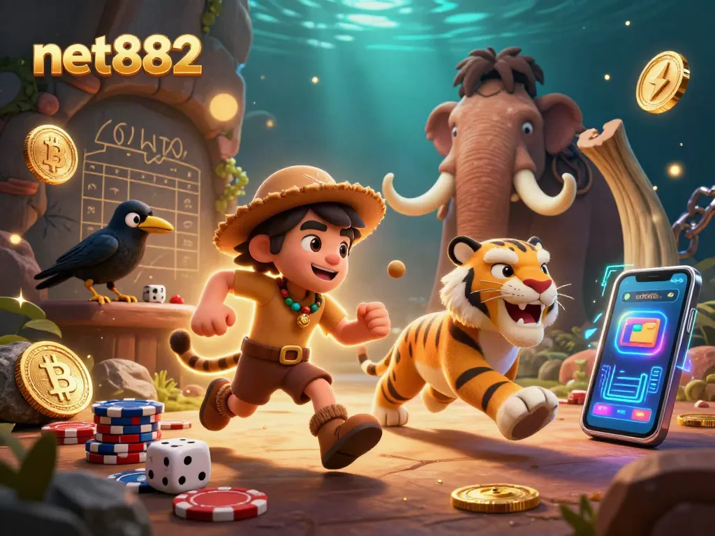 Experience exciting wins at net882 through cartoon-style gambling in a prehistoric casino setting.