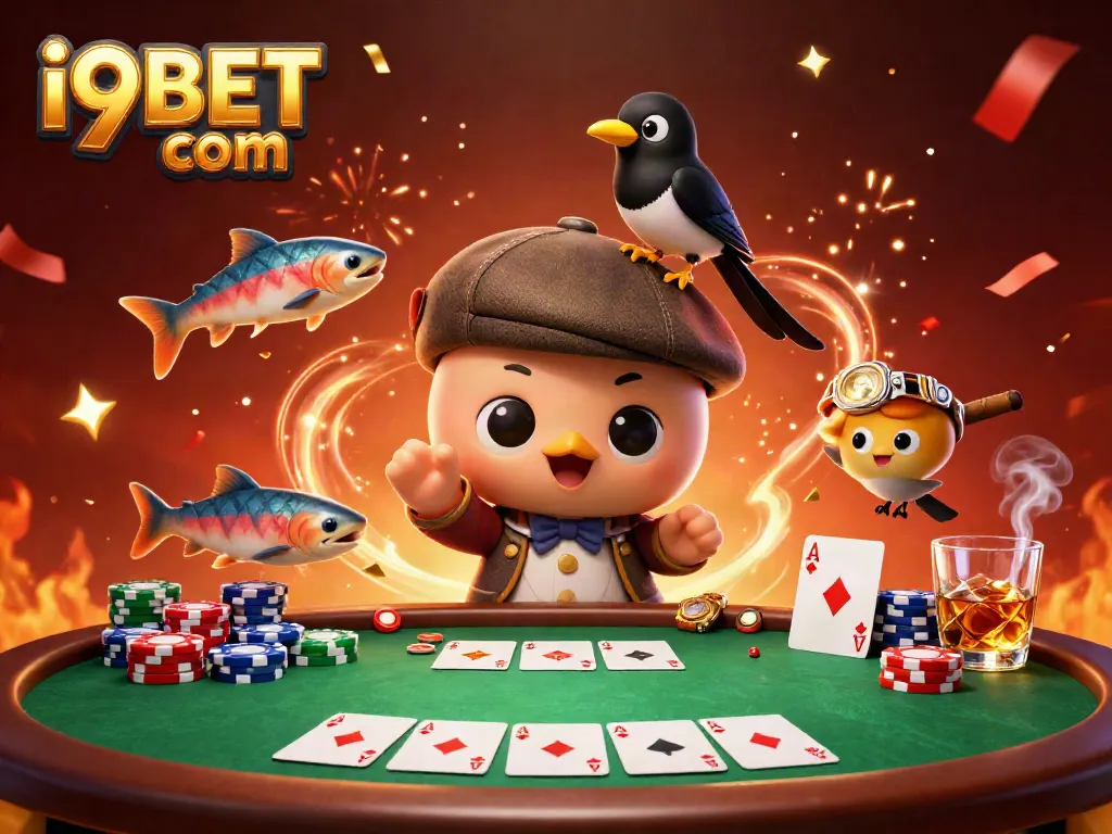 Engage with i9BET com in a vibrant 3D casino scene featuring Nessie and friends playing poker.