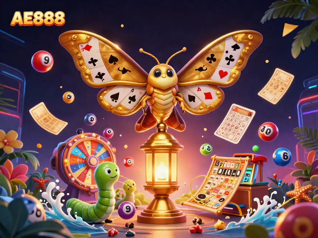 Engage with AE888's vibrant casino scene featuring a colorful moth and dynamic game elements.