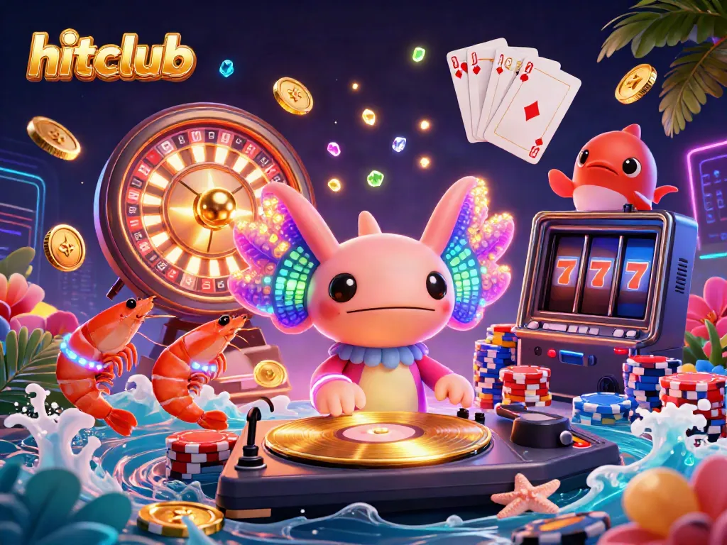 Hitclub's vibrant 3D casino scene featuring animated characters, casino elements, and excitement.