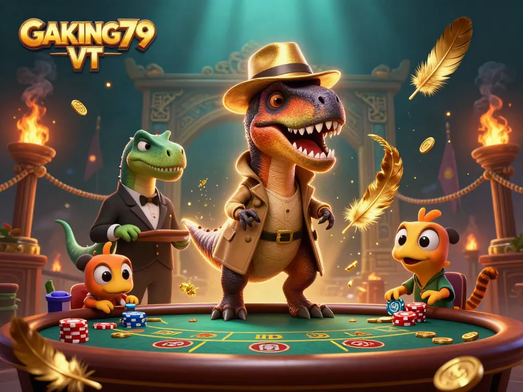 Experience thrilling gameplay at GAKING79 VT with a cartoon velociraptor at a blackjack table.