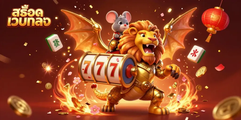 Experience thrilling action with สล็อตเว็บตรง showcasing a powerful chimera creature amidst vibrant slot game elements.
