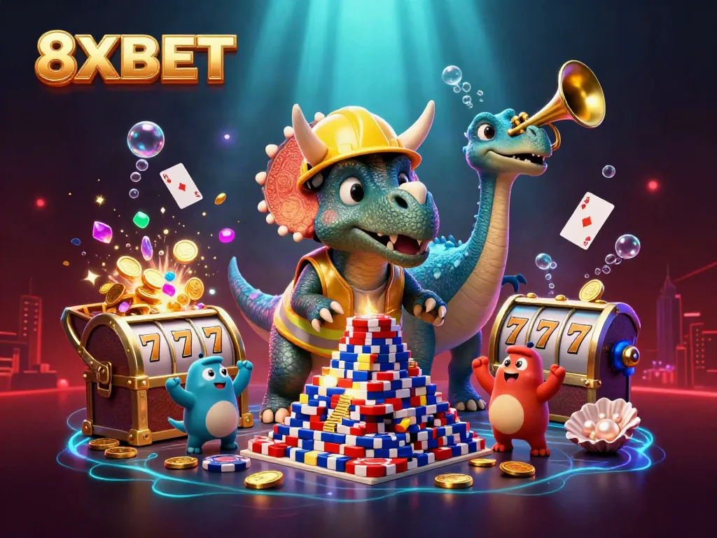 Join the celebration at 8XBET with dinosaurs building poker chips, vibrant casino elements, and underwater treasures!