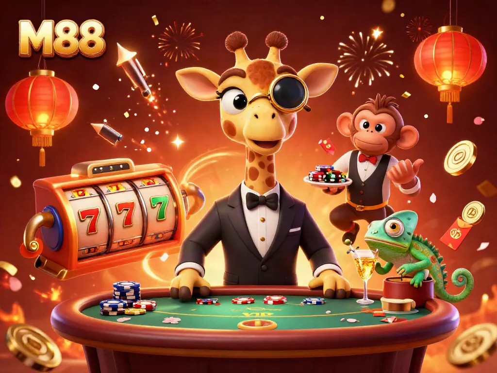 Engage with M88's exciting casino scene featuring a giraffe, monkey, and chameleon amidst vibrant slot elements.