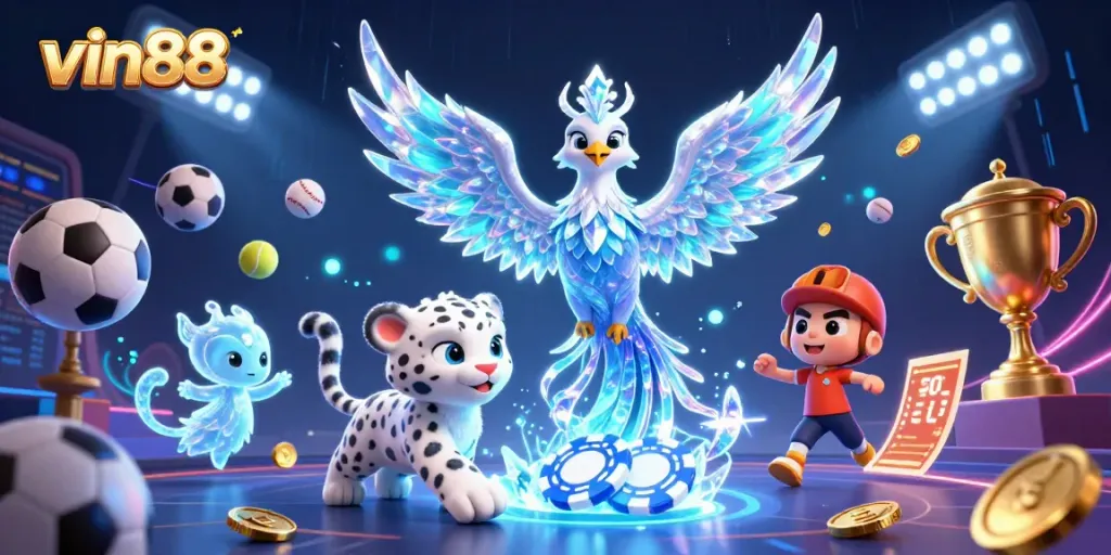 vin88 players experience dynamic casino vibes in a vibrant 3D illustration featuring an ice phoenix.