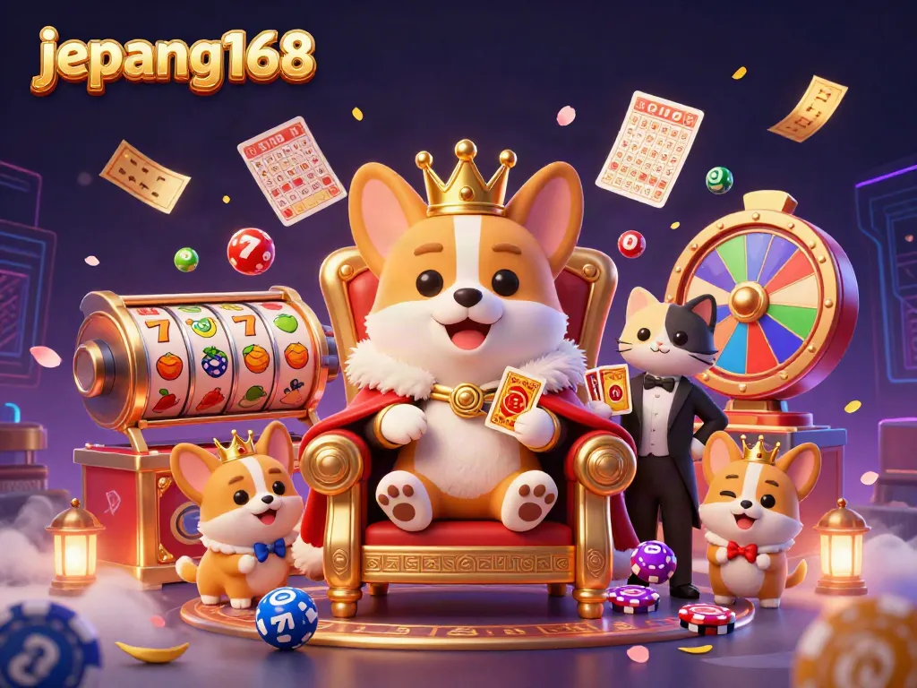 Experience interactive gaming at Jepang168 with vibrant scenes of corgis, slots, and colorful casino elements.
