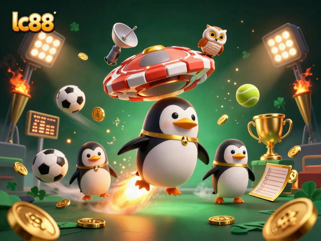 Experience exciting gaming at lc88 with a rocket-powered golden penguin soaring toward a casino-themed space station.