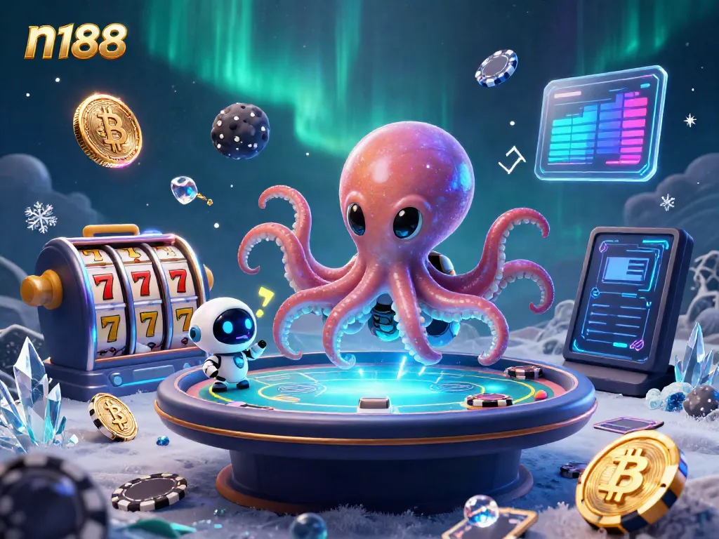 Interact with the n188 alien octopus at a vibrant holographic casino table surrounded by exciting gambling elements.