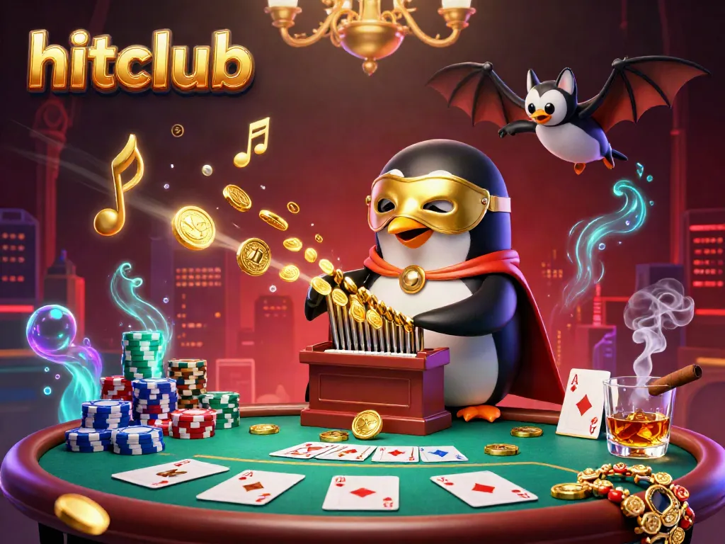 Experience the hitclub casino flair with a captivating 3D scene featuring a mask-wearing penguin and cartoon bat.