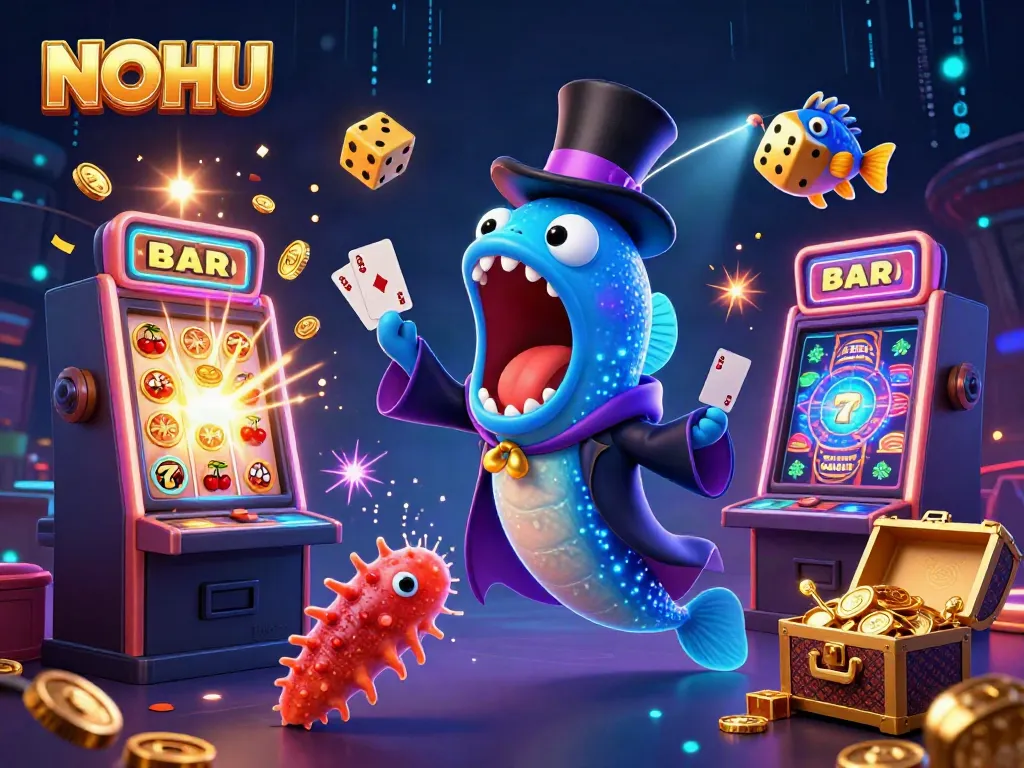 Engaging NOHU 3D illustration showcasing jackpot thrills with deep-sea characters in a vibrant casino scene.