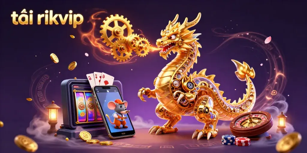 Experience the excitement of tải rikvip with a golden dragon and dynamic gaming elements in a vibrant online casino scene.