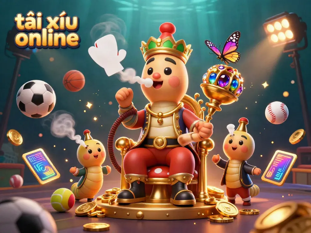 Engage in thrilling tài xỉu online action with a vibrant 3D scene featuring colorful casino elements and lucky symbols.