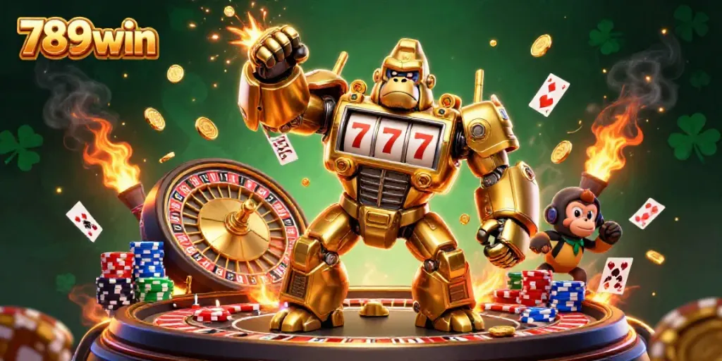 Engaging scene of 789win's golden gorilla mech surrounded by dynamic casino elements, showcasing excitement.