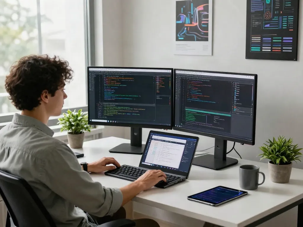 Pecah 404 in a modern tech workspace with dual monitors and coding activity.