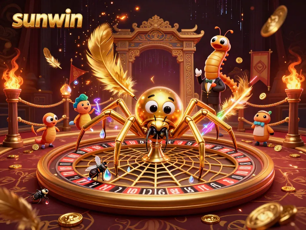 Engaging scene of sunwin-themed casino action with a golden spider, spinning roulette web, and a betting fly.