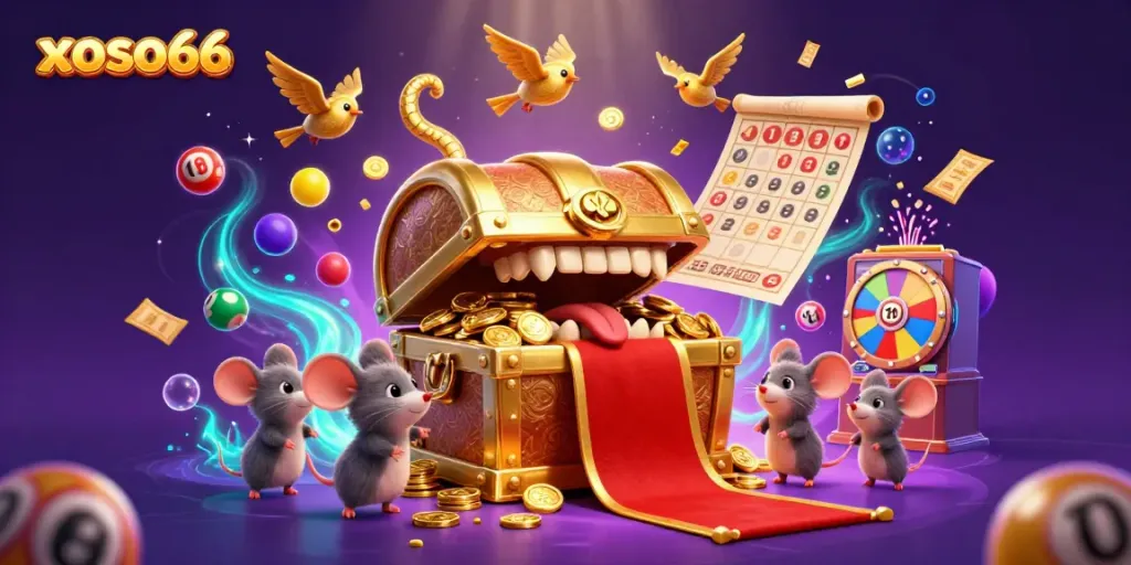 Experience the excitement of xoso66 with vibrant lottery elements and a treasure chest inviting players.