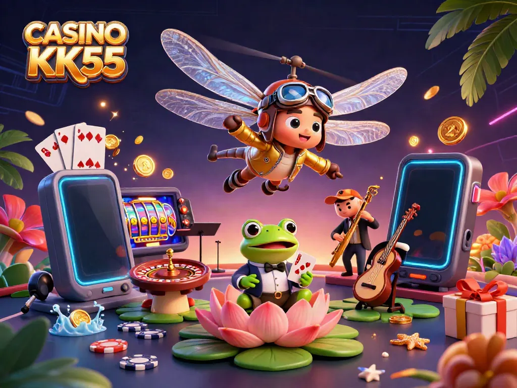 Engaging CASINO KK55 scene featuring a whimsical dragonfly pilot and frog croupier among gaming elements.