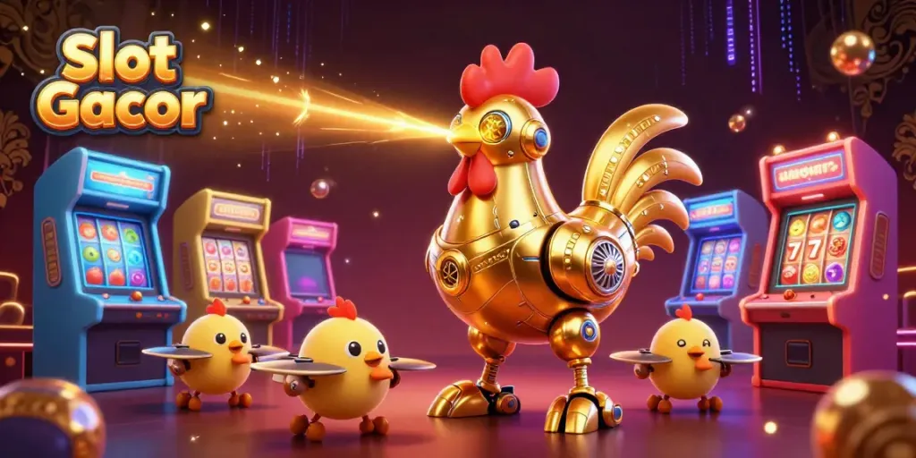 Experience vibrant gaming with Slot Gacor's golden rooster robot surrounded by dynamic casino-themed elements.