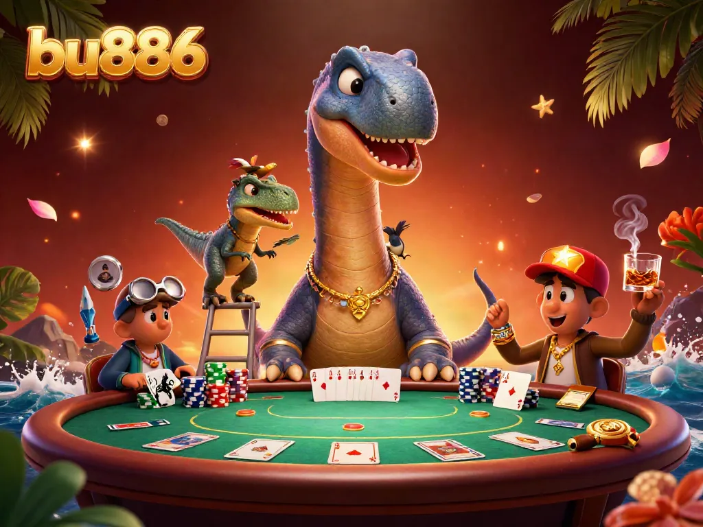 Experience thrilling poker action with bu886 in a dynamic 3D casino scene featuring unique characters!