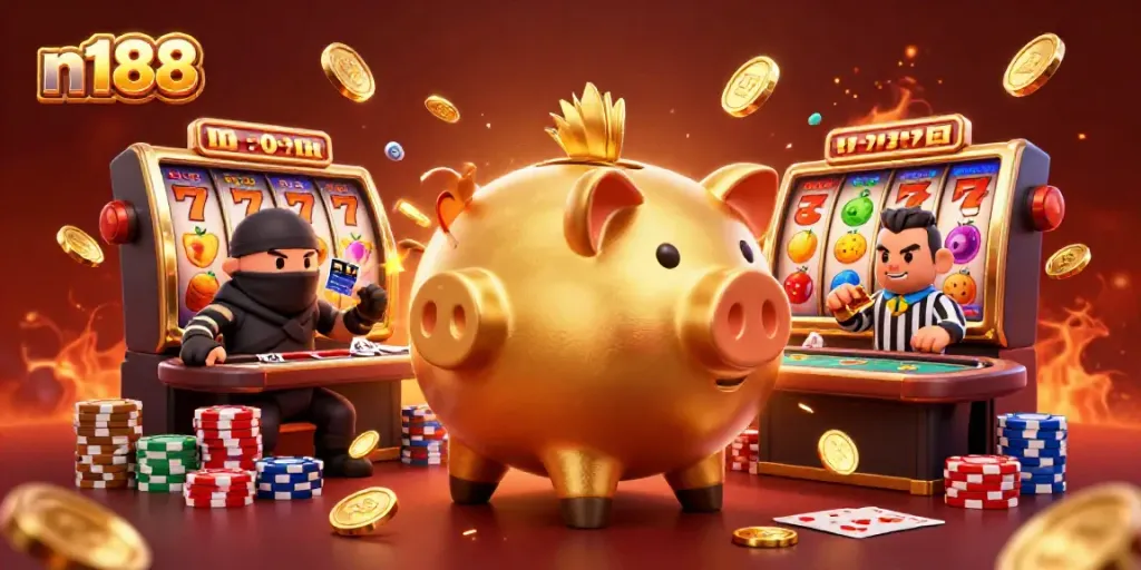 Win big with n188 as the sumo wrestler piggy bank shakes golden coins in a lively slots scene.