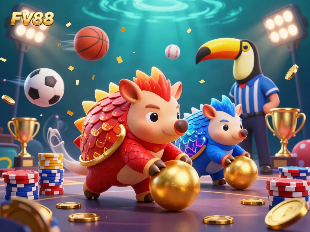 Engage with FV88's dynamic gaming scene featuring cartoon pangolins bowling through poker chips.