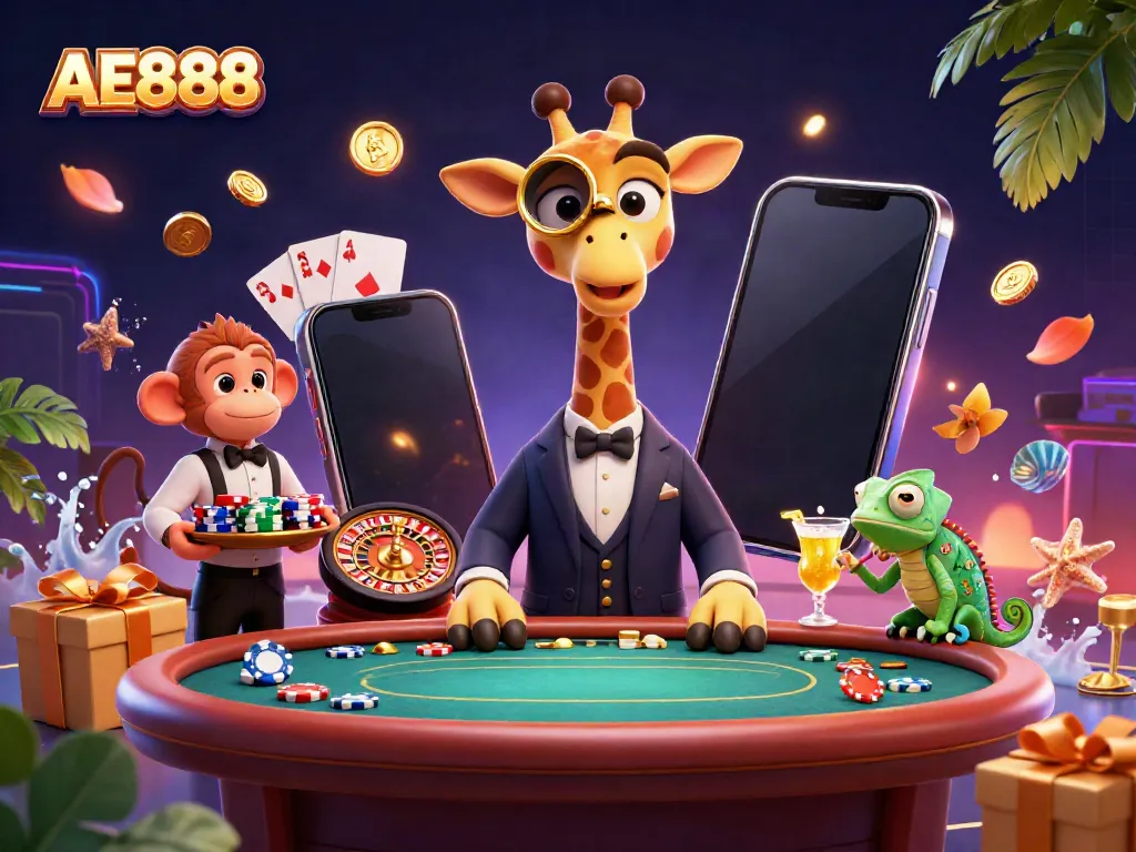 Experience the excitement at AE888 with a vibrant casino scene featuring unique characters and gaming elements.