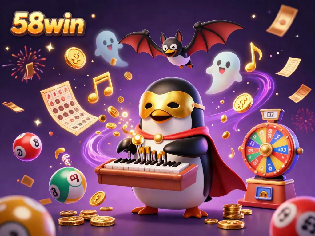 Engage in thrilling games at 58win with a festive casino set-up featuring cartoon characters and vibrant lottery elements