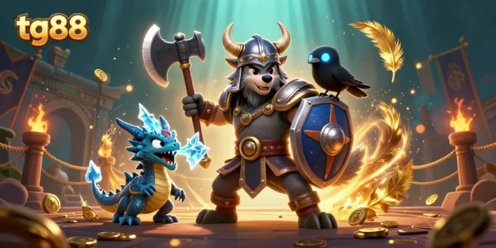 Engage in thrilling gameplay at tg88 with a Viking warrior and fierce dragon in an epic casino battle