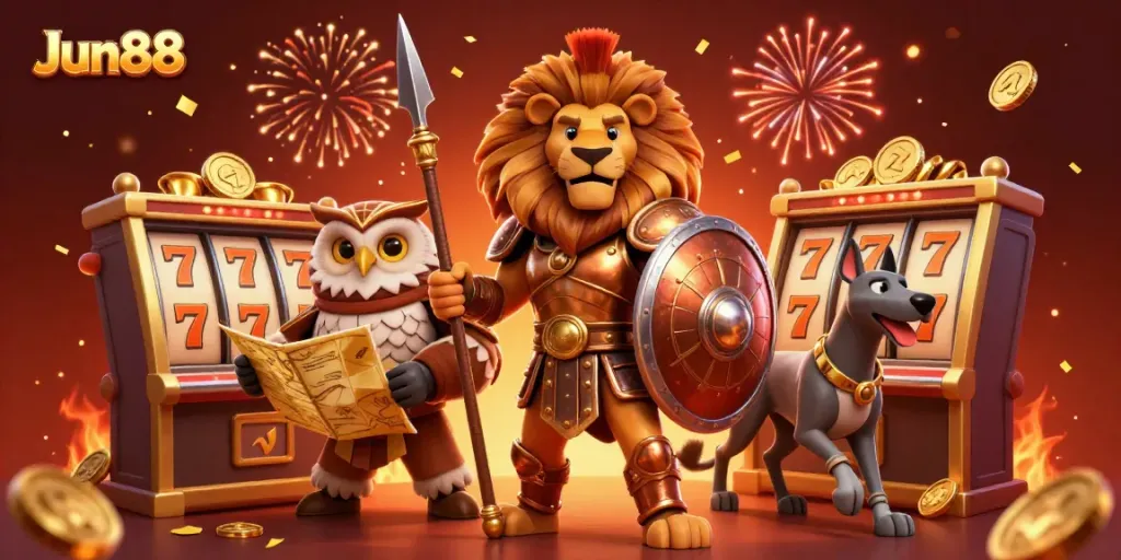 Experience the thrill of Jun88 with a vibrant 3D casino scene showcasing a Spartan lion, owl strategist, and greyhound messenger.