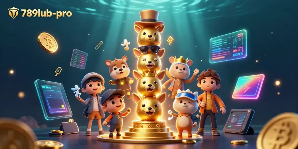 Engage with 789lub-pro's vibrant casino world of animated golden totem poles and crypto-themed elements.