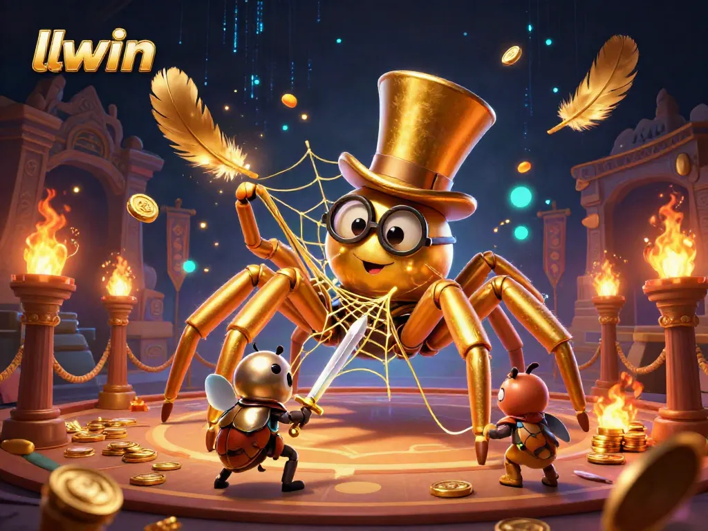 Engage in winning strategies at llwin, featuring a dynamic illustration of a golden tarantula and a beetle knight amidst a vibrant casino scene.