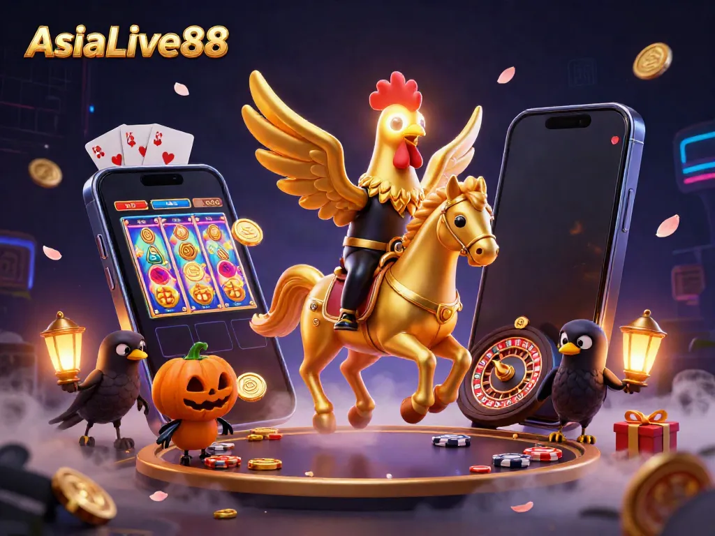 AsiaLive88 showcases exciting online slots in a magical casino scene with a golden rooster.