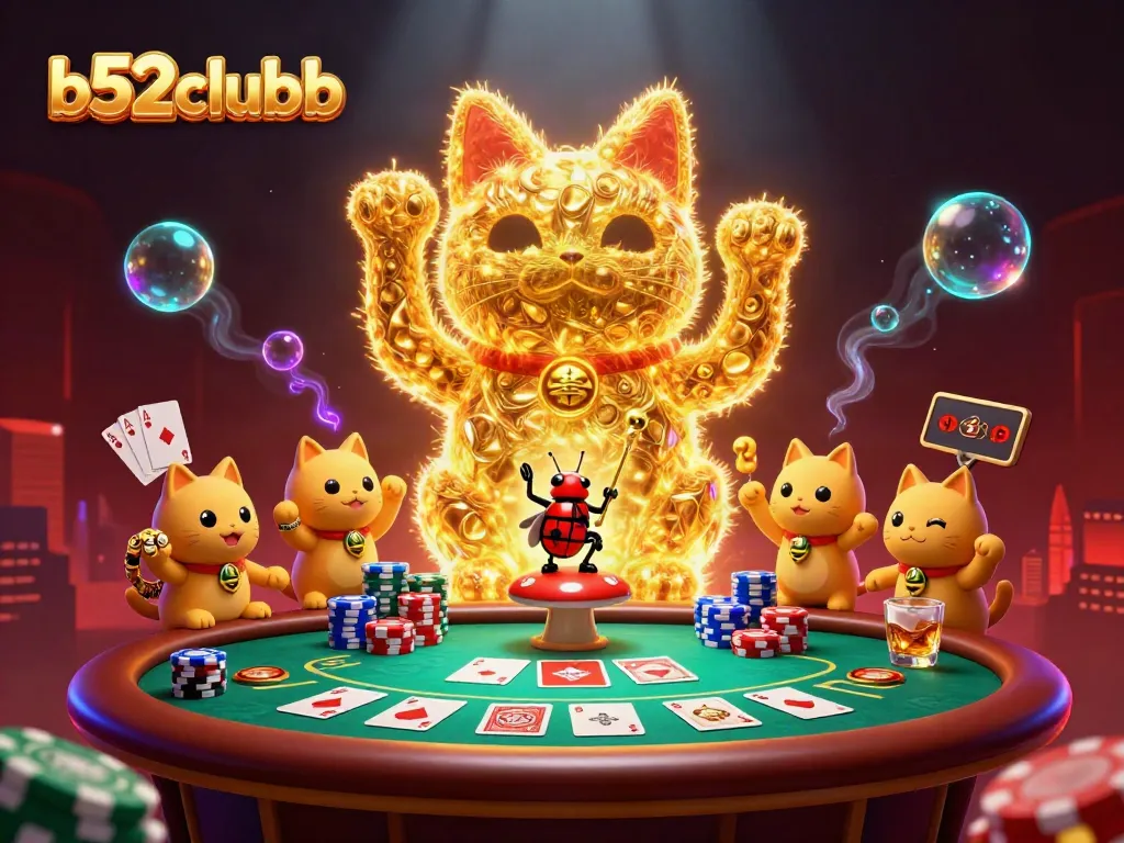 Engage in thrilling casino actions with b52clubb's vibrant gaming world filled with lucky charms and dynamic poker elements.