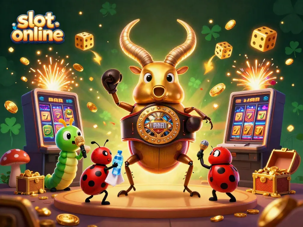 Exciting slot online scene featuring a golden stag beetle and a vibrant casino background with dynamic elements.
