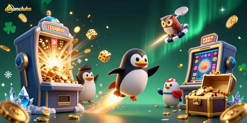 Experience manclubs with a 3D golden penguin flying to a casino, surrounded by slot machines and vibrant game elements.