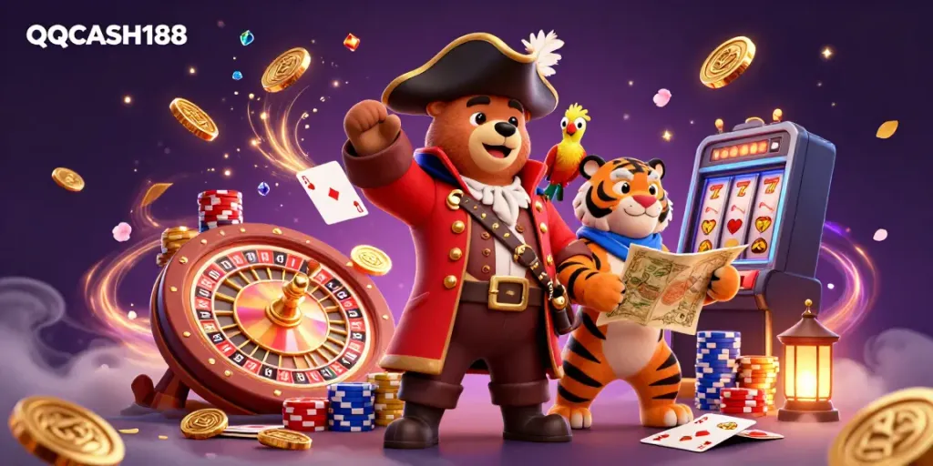 Engage with QQCASH188 through this vibrant 3D illustration featuring a pirate bear and tiger amidst casino treasures.