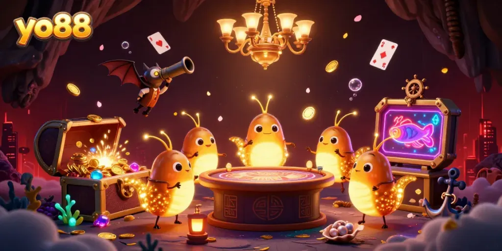 Experience thrilling fun with yo88 as glowing glowworms animate a vibrant casino scene filled with treasures.