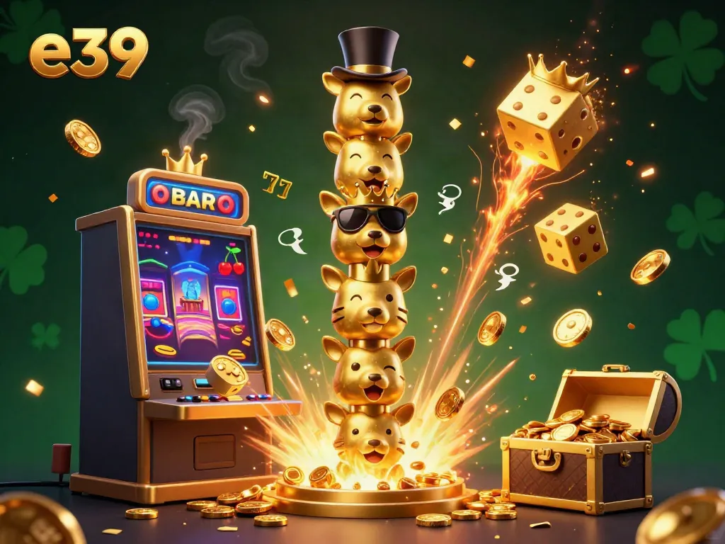 Experience the excitement of gambling with e39 casino's vibrant 3D totem pole and slot machine illustration.