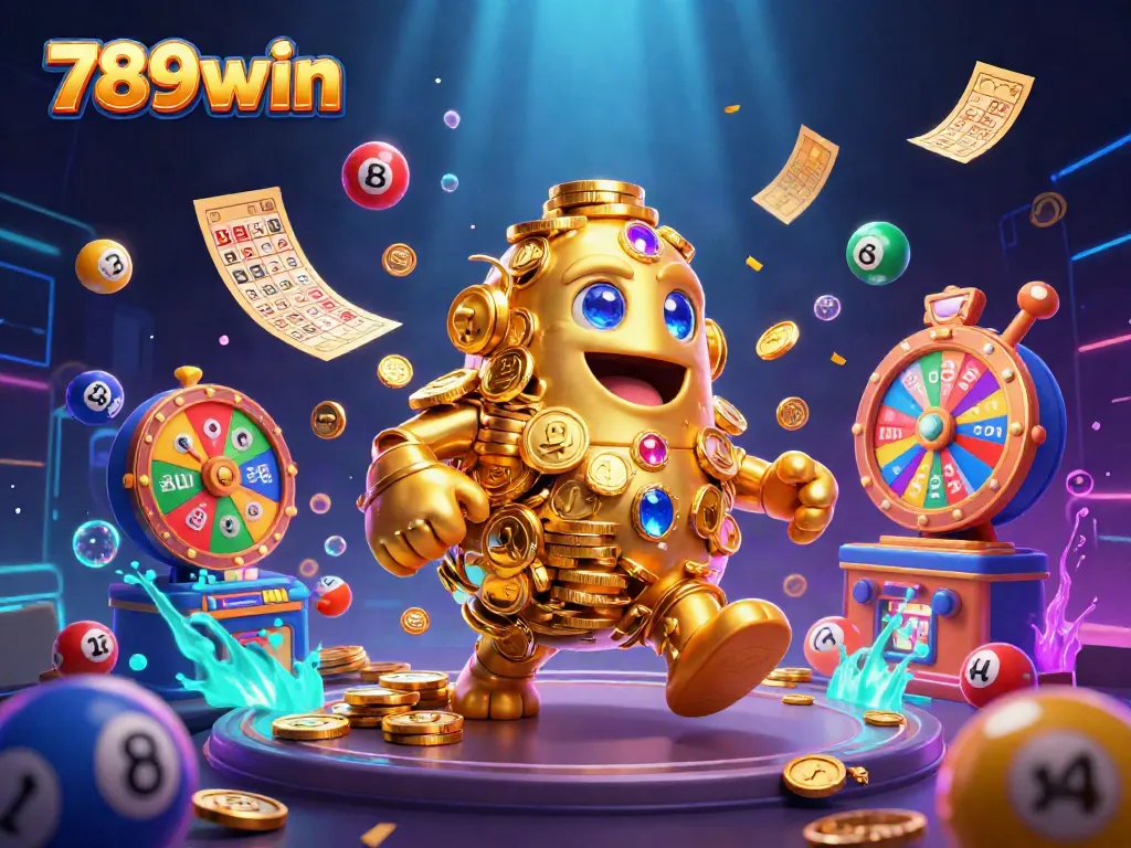 Experience the excitement of 789win with a vibrant, colorful 3D image showcasing lottery elements and a golden golem.