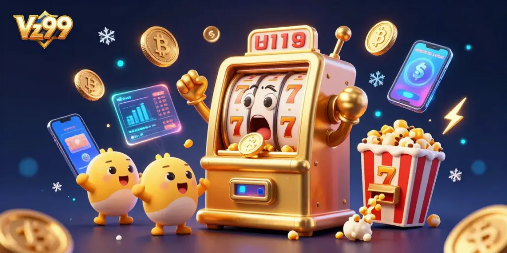 Embrace Vz99 as golden coins overflow from the joyful slot machine in an electrifying casino atmosphere.