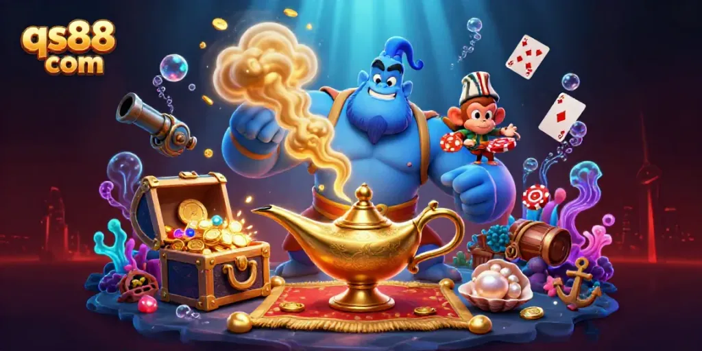 Engage with the vibrant illustrated world of qs88 com, featuring a genie, monkey, and playful poker-themed magic elements.