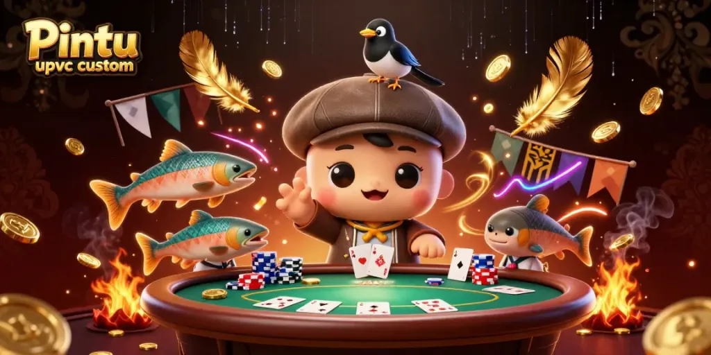 Pintu upvc custom offers winning strategies at a vibrant poker table surrounded by shimmering characters and gold elements.
