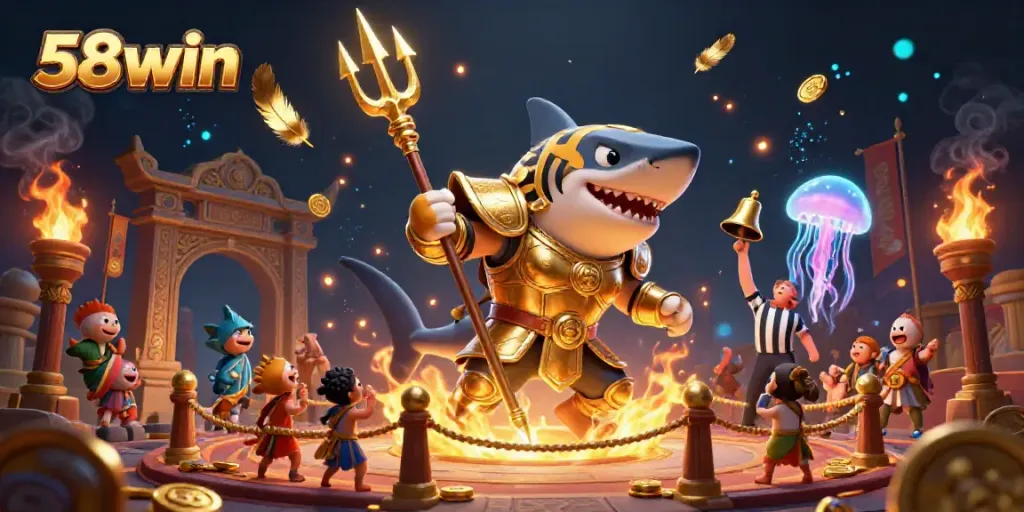 Experience thrilling gameplay with 58win's exciting underwater gladiator battle featuring a shark and atmosphere-rich elements.
