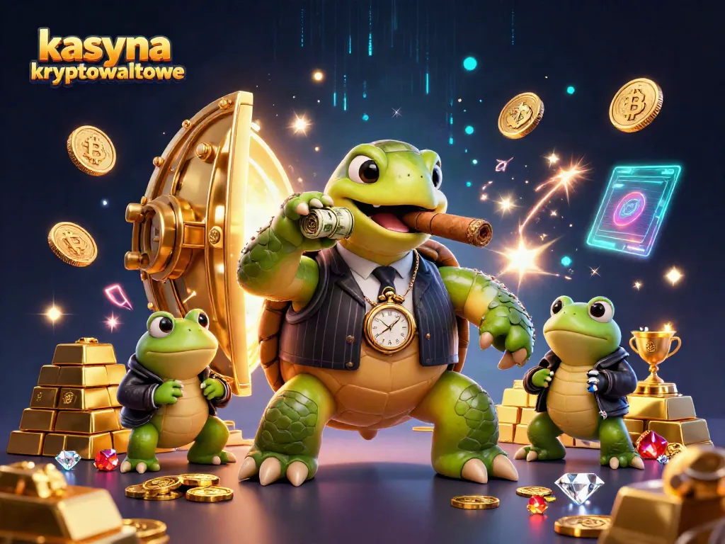 Engaging scene of kasyna kryptowalutowe showcasing a snapping turtle in a vintage suit with crypto elements.