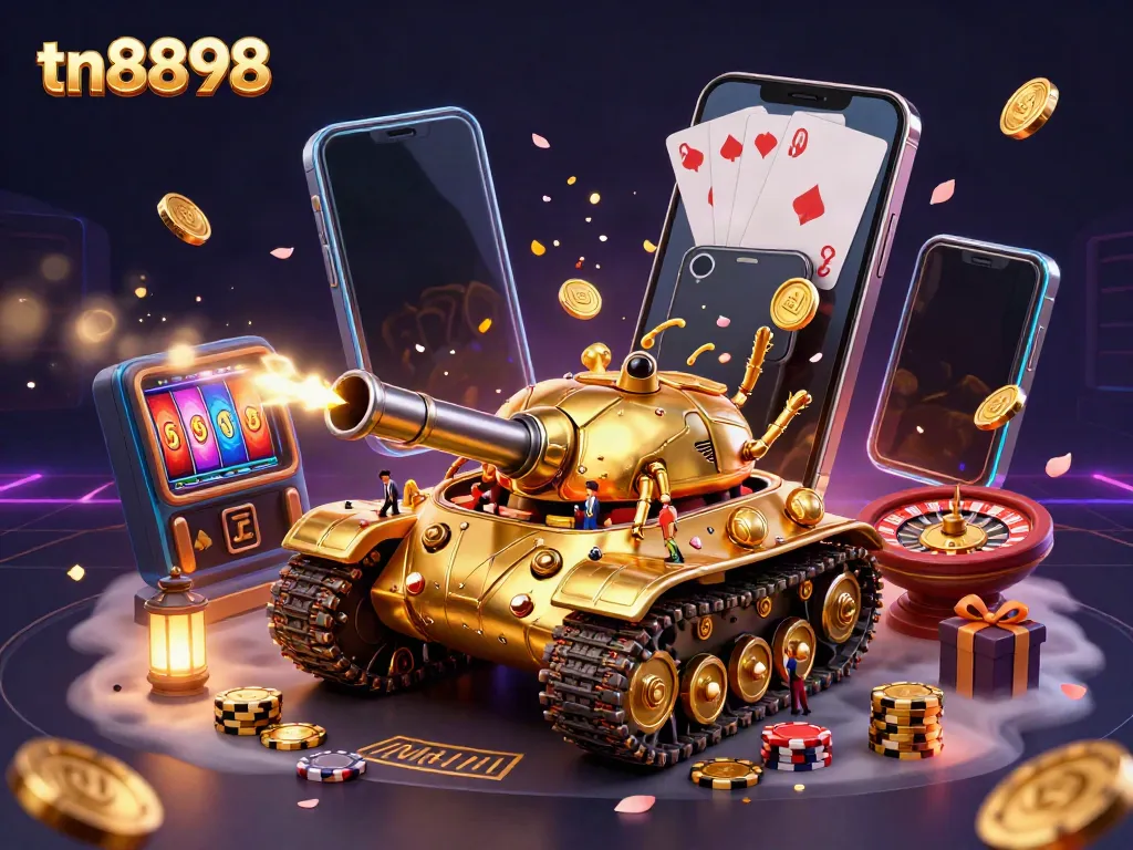 Experience the excitement of tn8898 with a dynamic casino-themed illustration featuring a golden beetle tank.