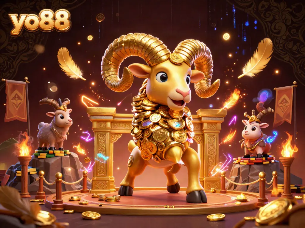 Immerse in the dynamic yo88 casino scene with golden ram charging through a vibrant gaming arena.