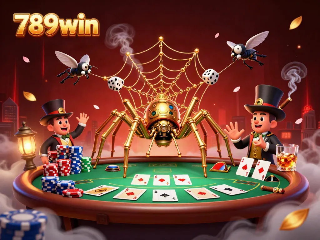 Engaging scene with 789win's steampunk spider and poker elements capturing the thrill of online gambling.