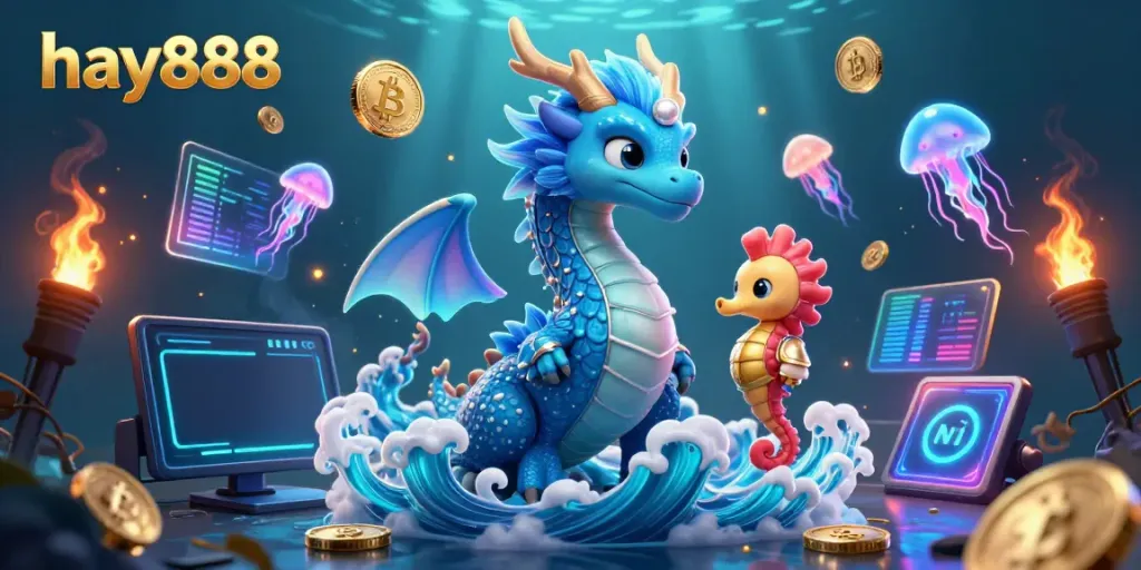 Experience vibrant online gaming with hay888, featuring dynamic 3D characters including an azure dragon and coral knight.