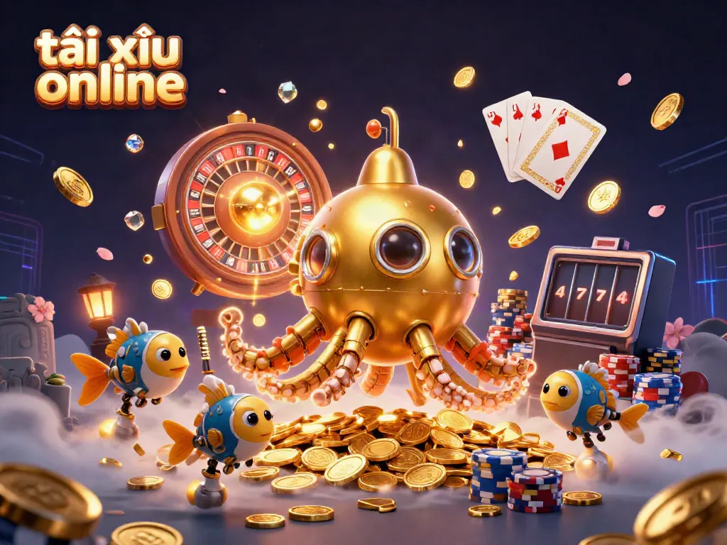 Engaging scene of tài xỉu online gameplay with colorful casino elements and a gold kraken theme.